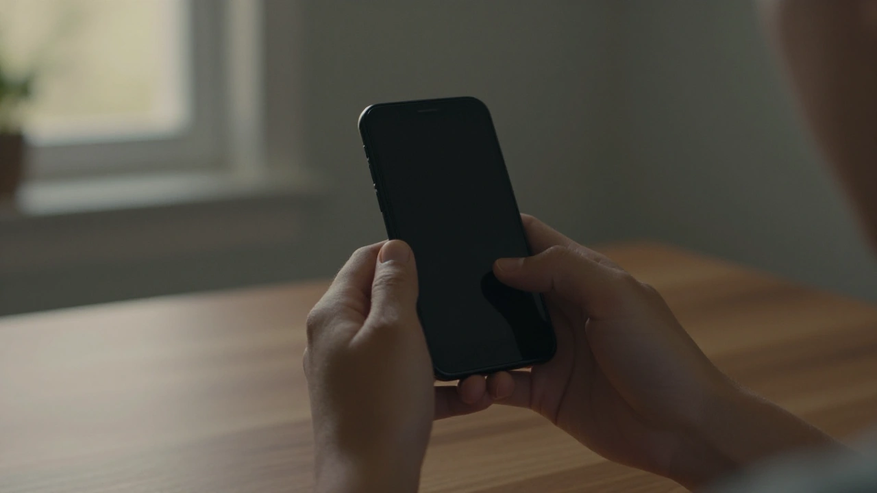Hands holding a phone upright in a warm room, showing mobile slot play