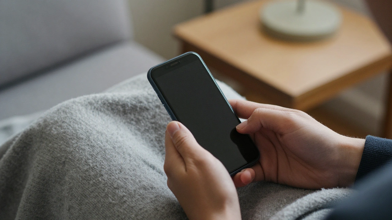 Hands holding a phone above a wool blanket on a sofa for a mobile casino bonus