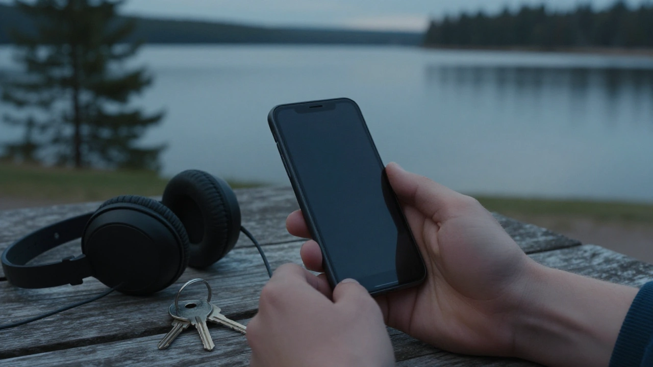 Hands holding a phone at an Alberta lake for mobile casino play