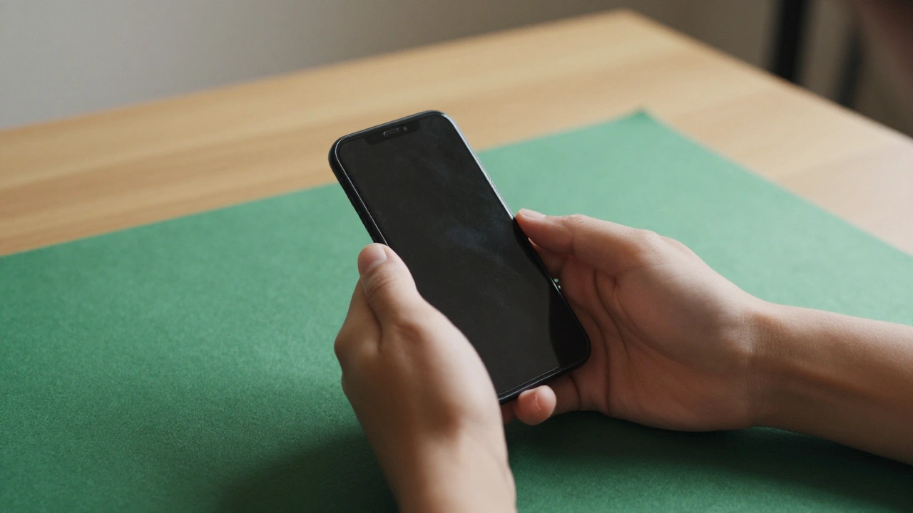 Hands holding a plain phone above green felt for browsing a casino games catalogue