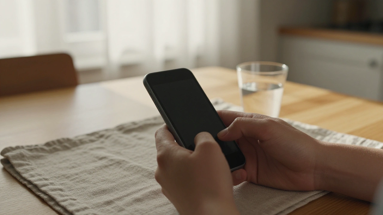 Hands holding a plain phone at a kitchen table while browsing casino game selection