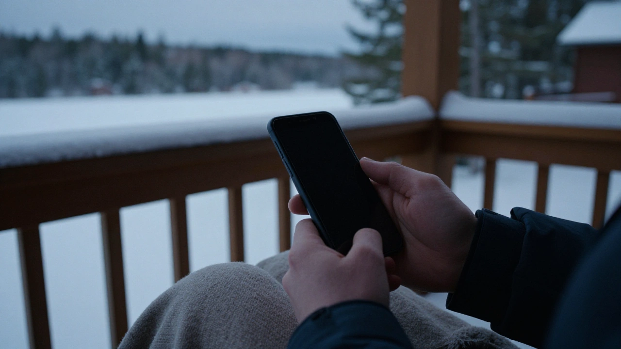 Hands holding a phone on a Muskoka cabin porch while checking a mobile casino app