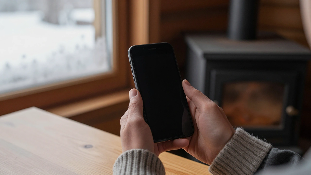 Hands holding a phone to register a new casino account in a snowy Alberta cabin