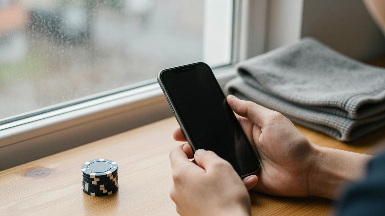 Hands holding a phone beside casino chips in a sunlit loft while reviewing slots