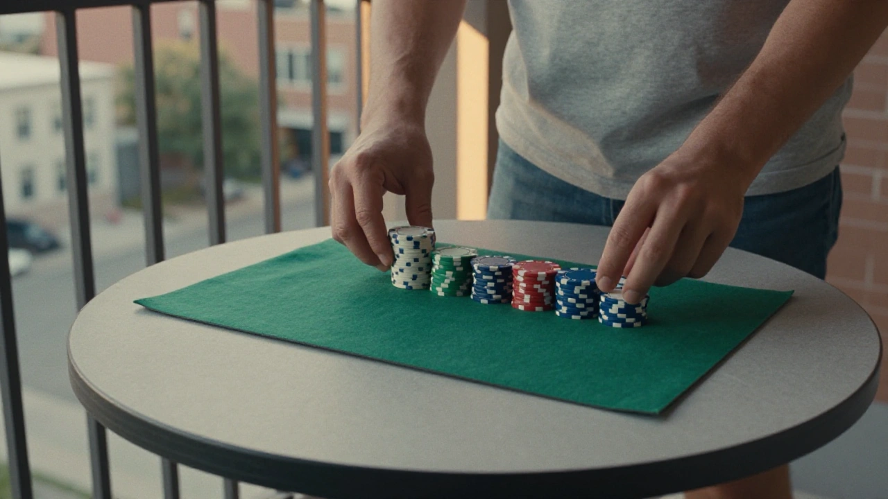 Person's hands stacking casino chips on a city balcony table, showing a tidy game selection