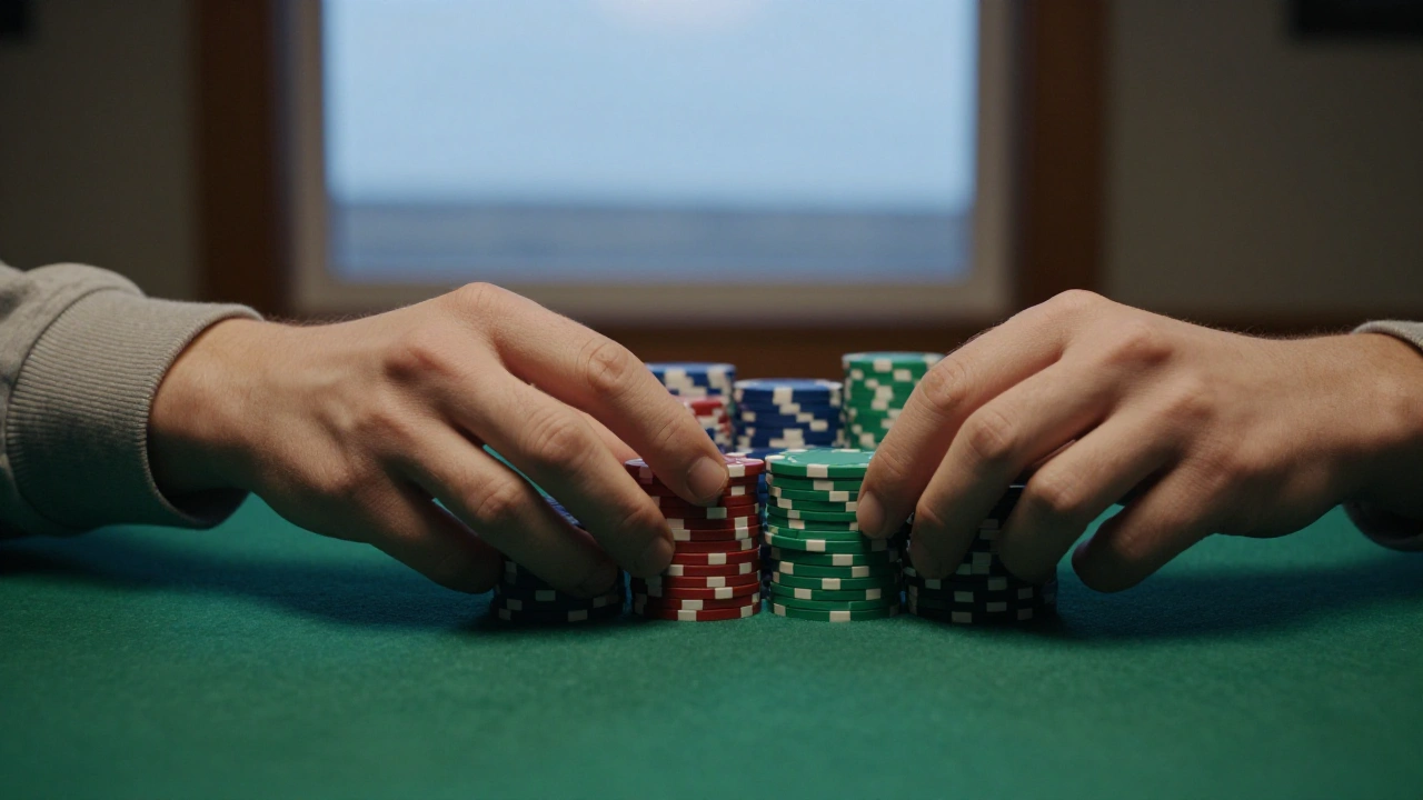 Hands stacking plain casino chips on green felt in an Alberta home