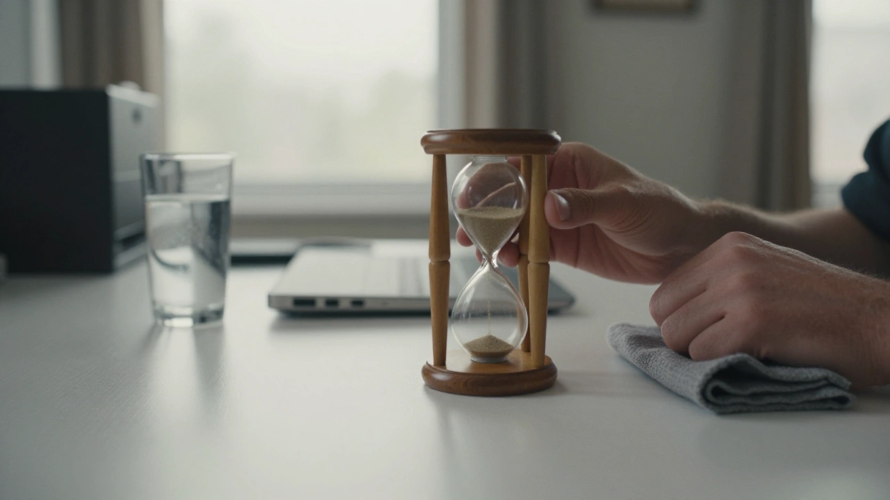 Hands turning an hourglass on a desk, symbolising session limits for Ontario online casino players