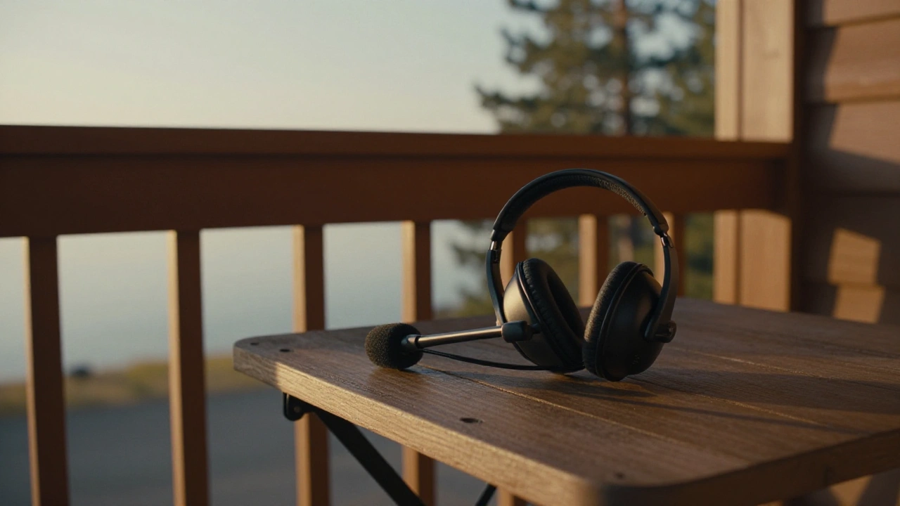 Headset resting on a cabin porch table in Alberta for customer support
