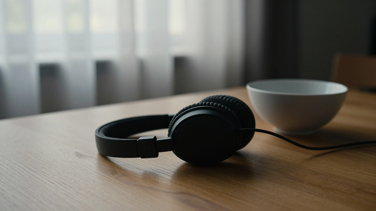 Headset resting on a wooden table by a window for casino support
