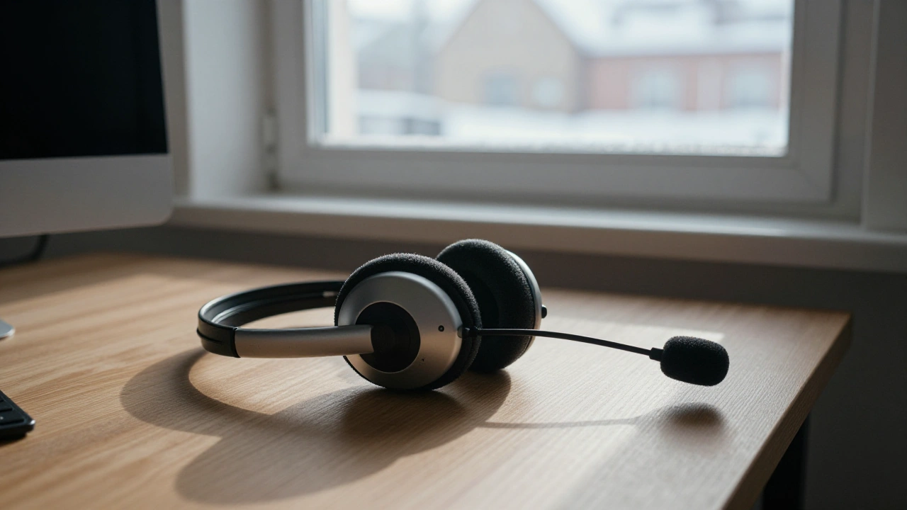 Headset resting on a wooden desk in a bright loft apartment for casino customer support