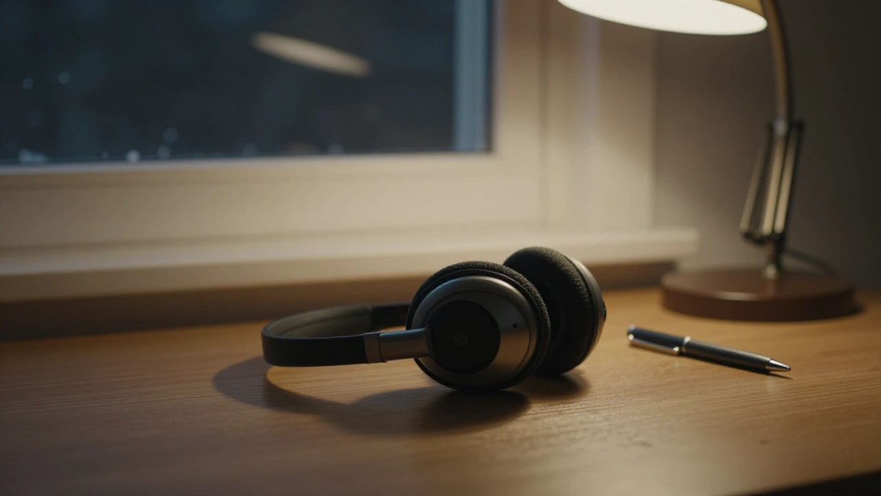 Headset on a wooden desk at night for round-the-clock live chat support