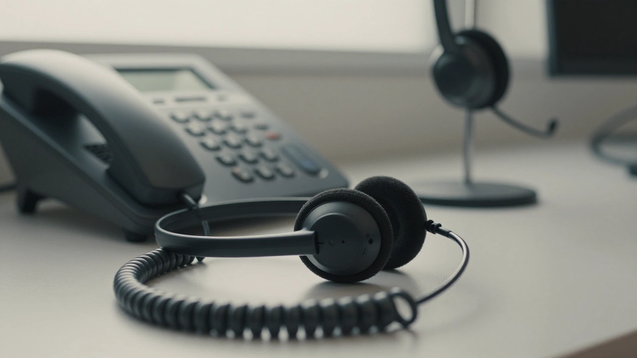 Headset and desk phone on a support desk for live chat help