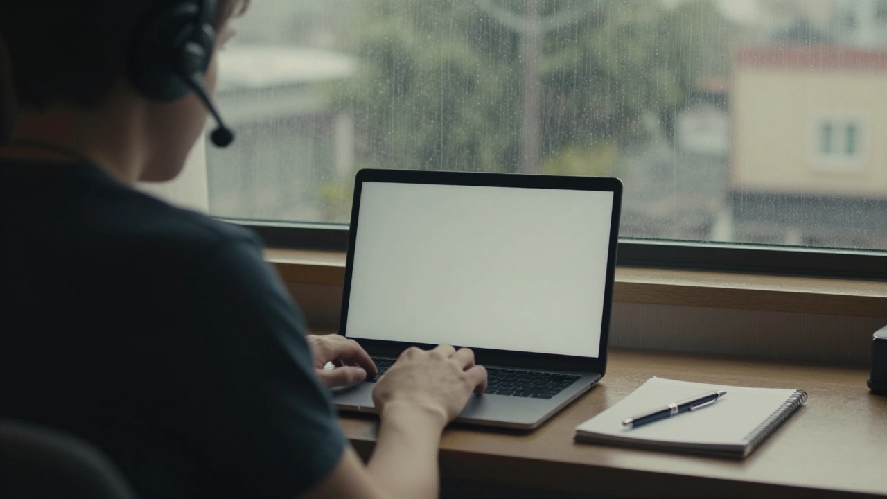 Person wearing a headset at a laptop, representing round-the-clock customer support for players