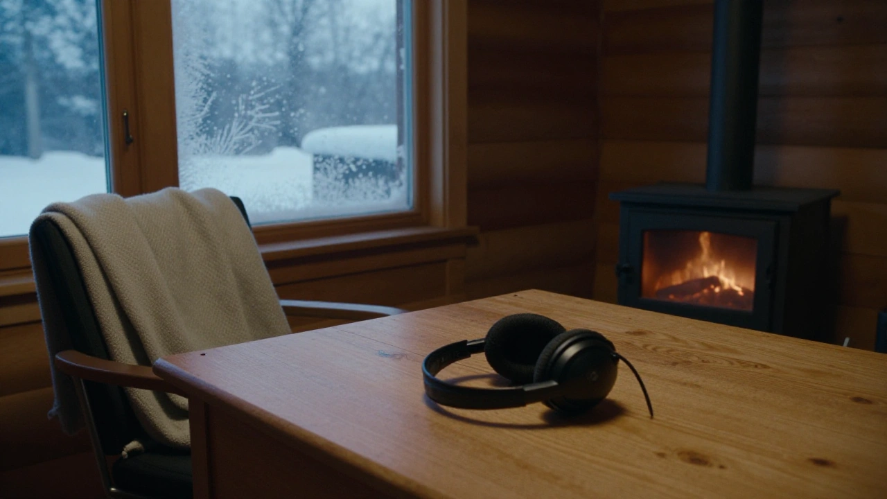 Headset resting on a desk in a snowy cabin for online casino support