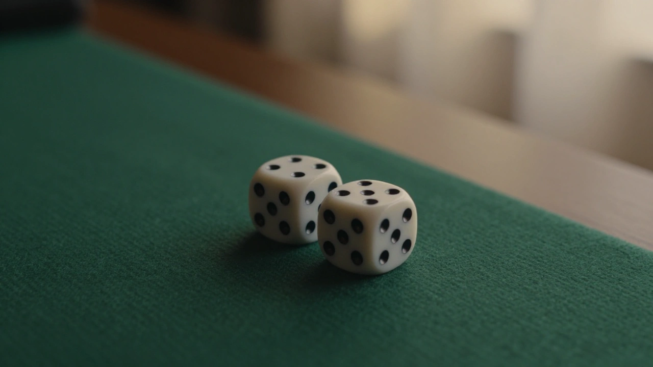 Two plain dice on green felt on a hotel desk, symbolising high roller stakes