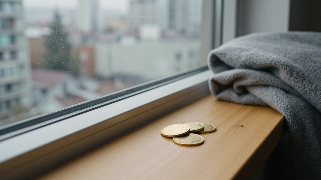 Golden honeycomb-patterned tokens on a rainy Vancouver windowsill illustrating crypto casino transfers