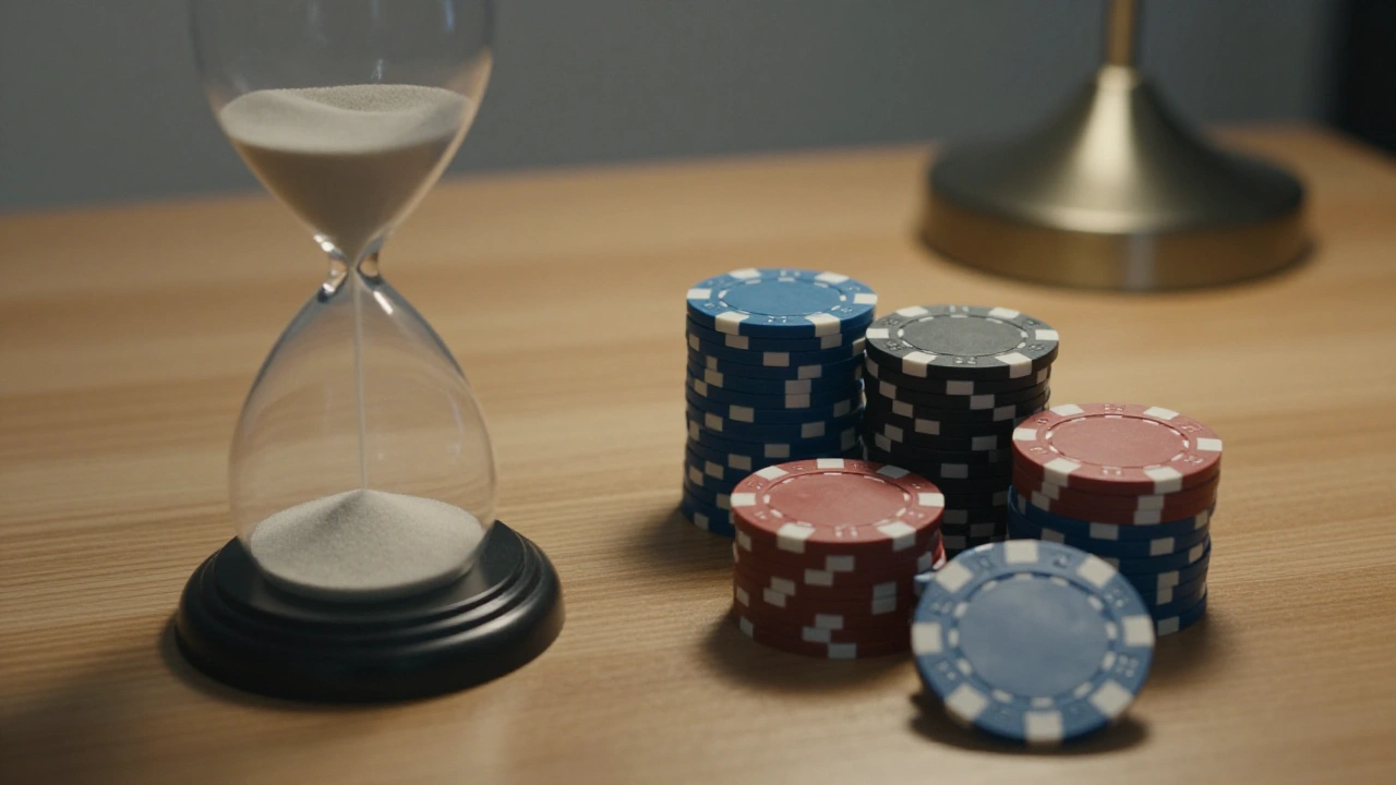 Hourglass and stacked chips on a desk symbolizing baccarat bankroll strategy and discipline