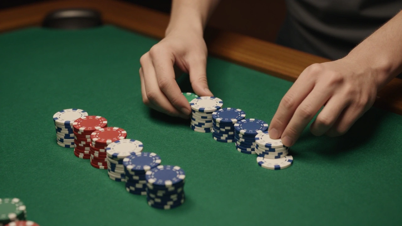 Hands arranging plain casino chips into separate groups on green felt to show keno bet types