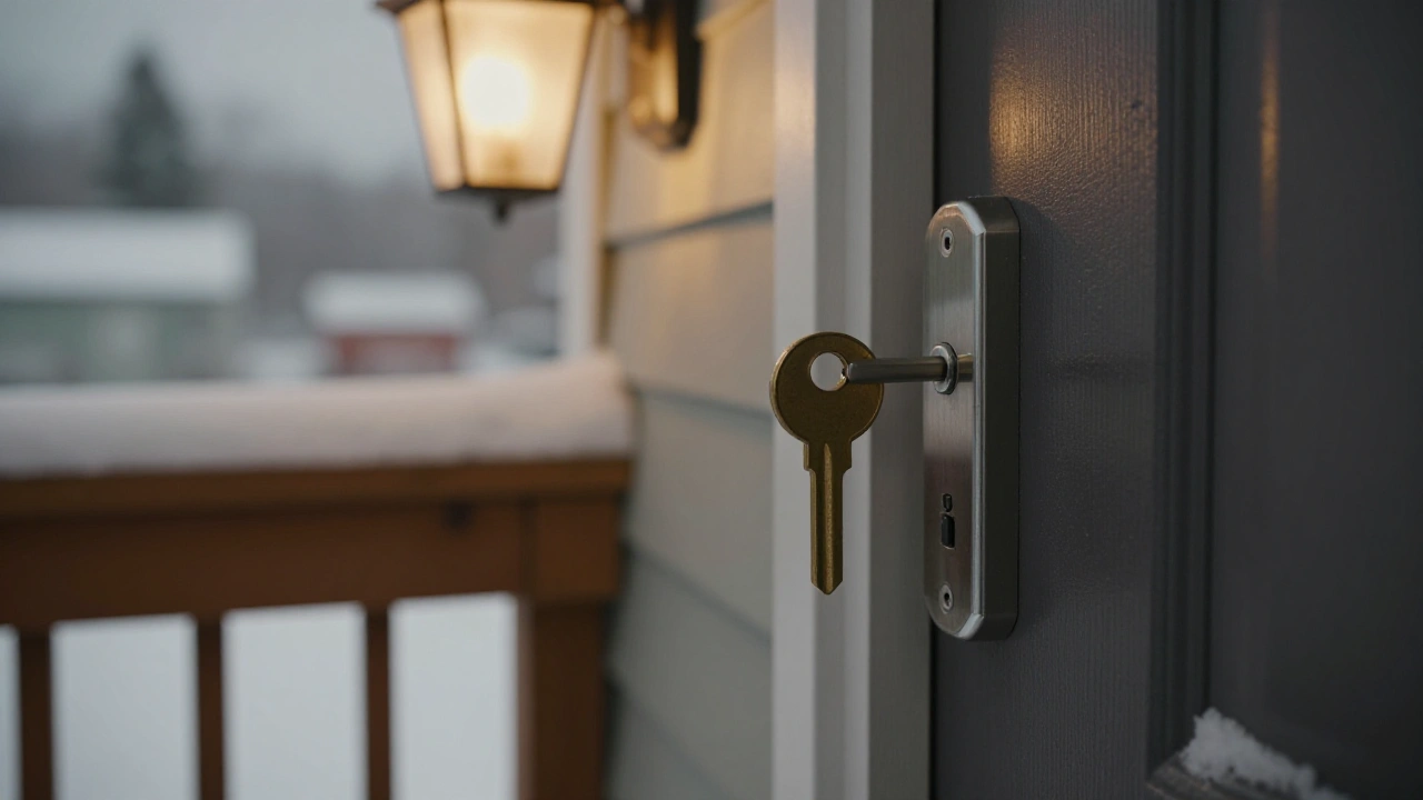 A brass key in a front-door lock on a snowy Canadian porch, symbolising account security