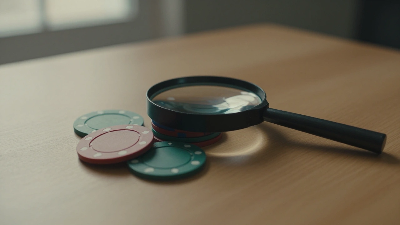 Magnifying glass over plain casino chips for reviewing no deposit bonus terms