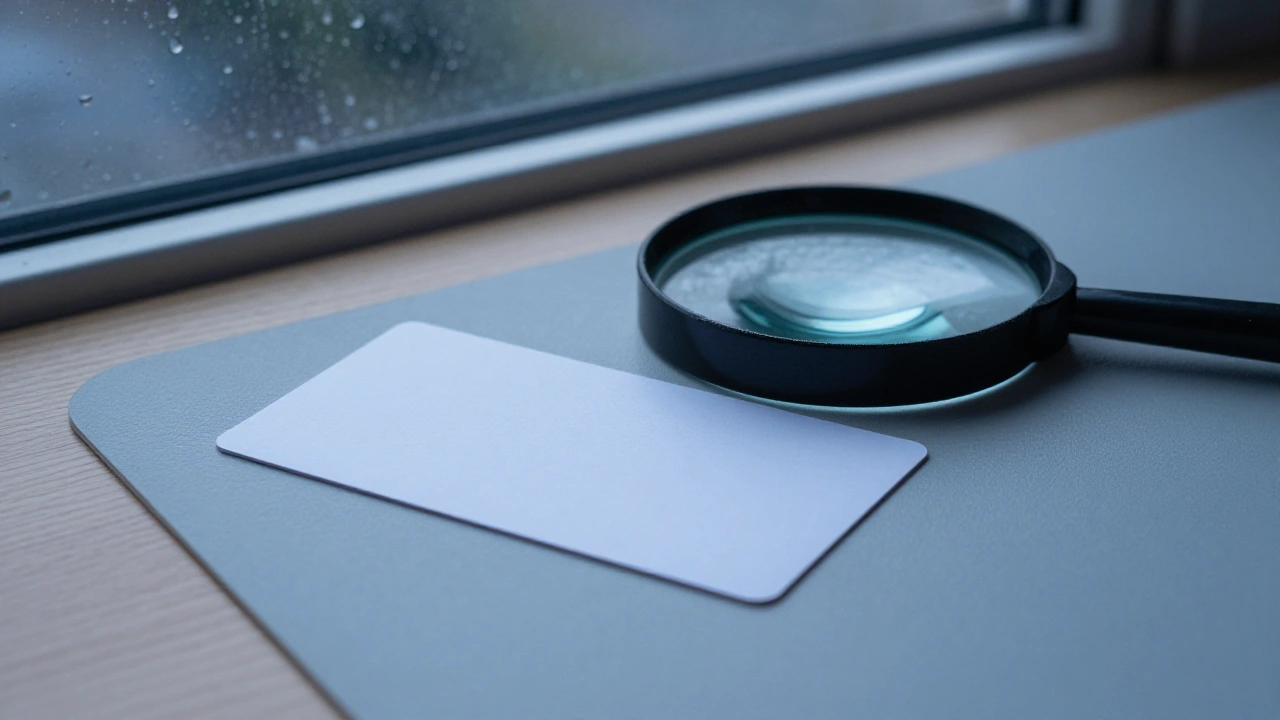 Magnifying glass over a blank bank card on a desk for casino payment reviews