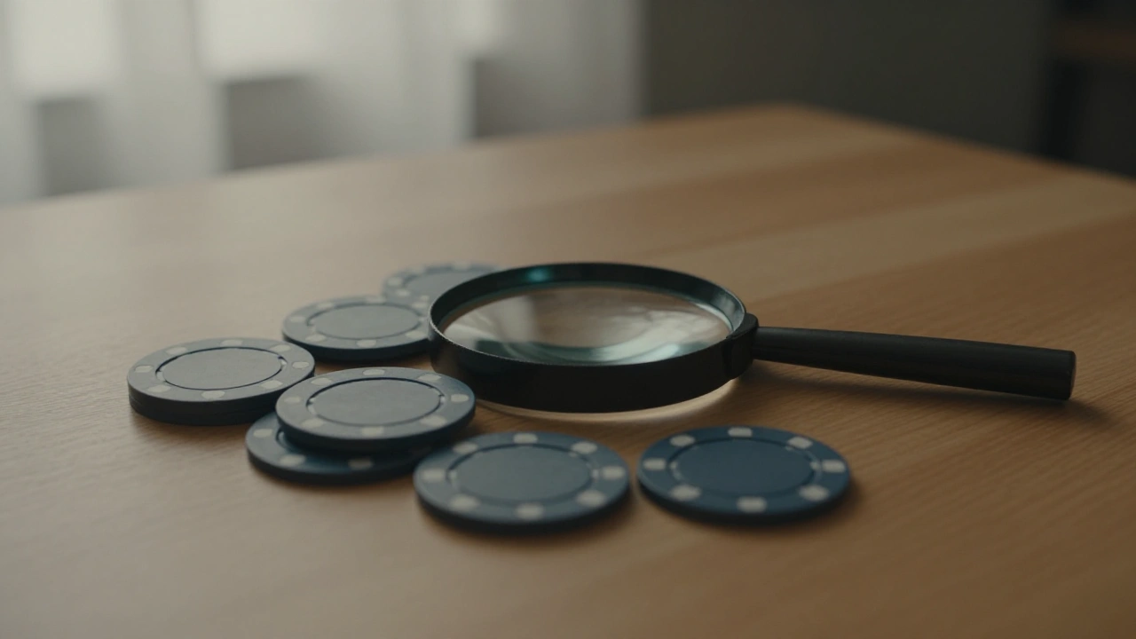 Magnifying glass over plain casino chips on a wooden table, exploring the games library