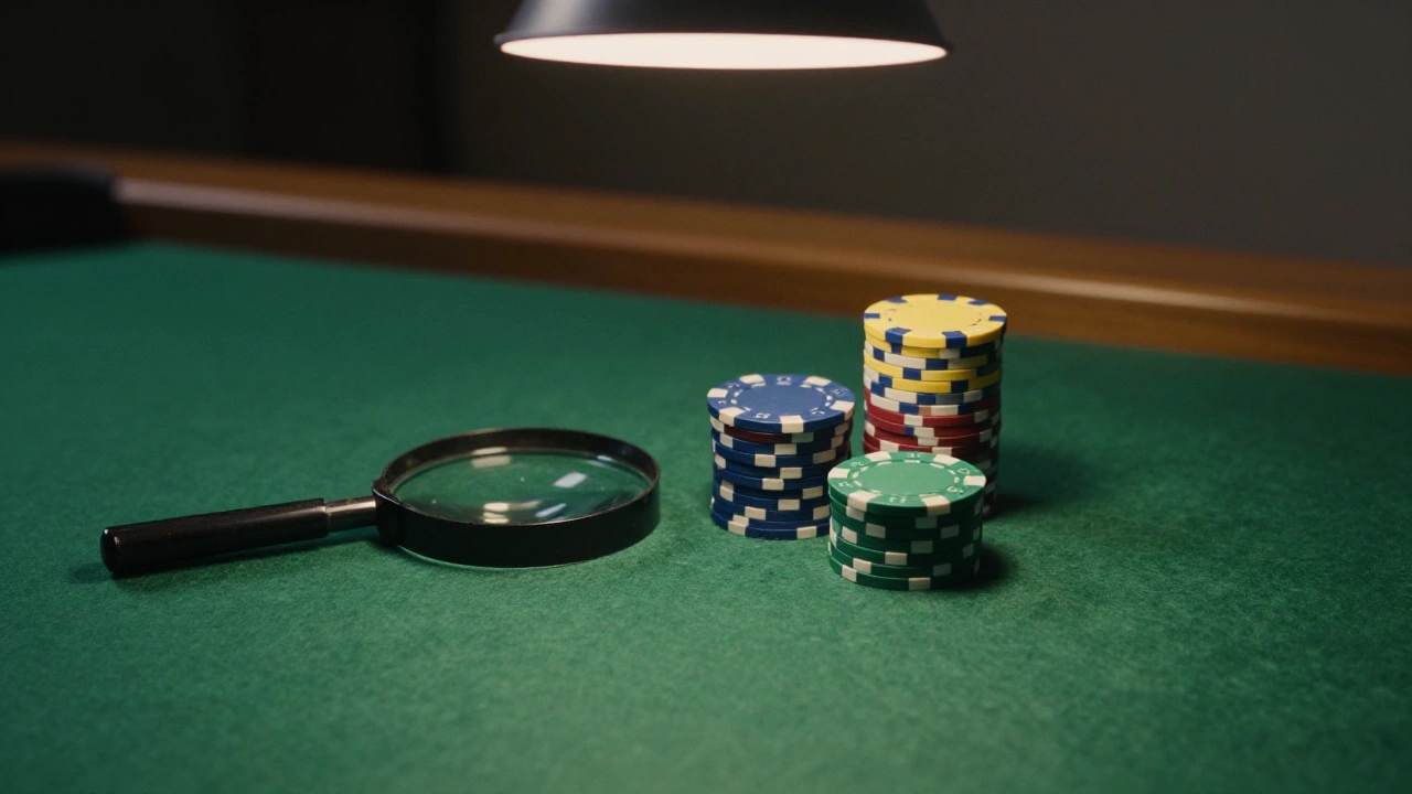Magnifying glass and two stacks of plain casino chips on green felt comparing payout rates