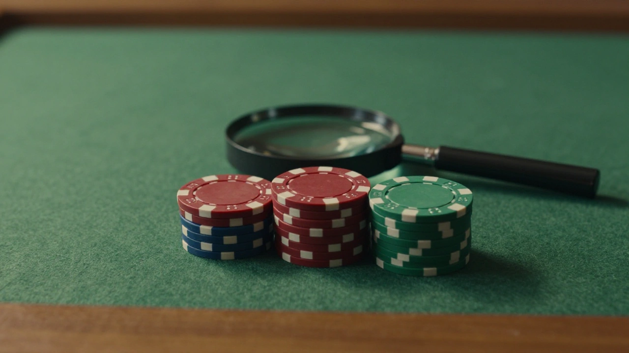 Magnifying glass over stacked plain casino chips during a games review