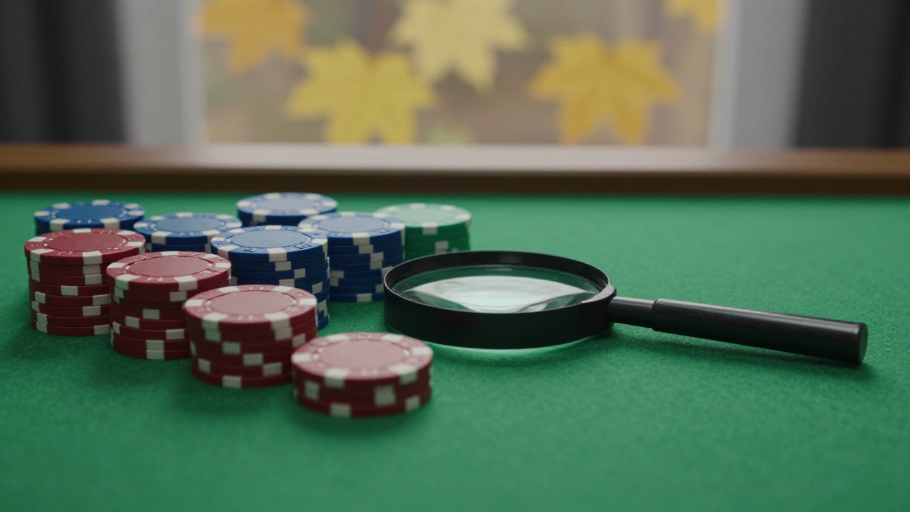 Magnifying glass over plain casino chips reviewing an Ontario online games library
