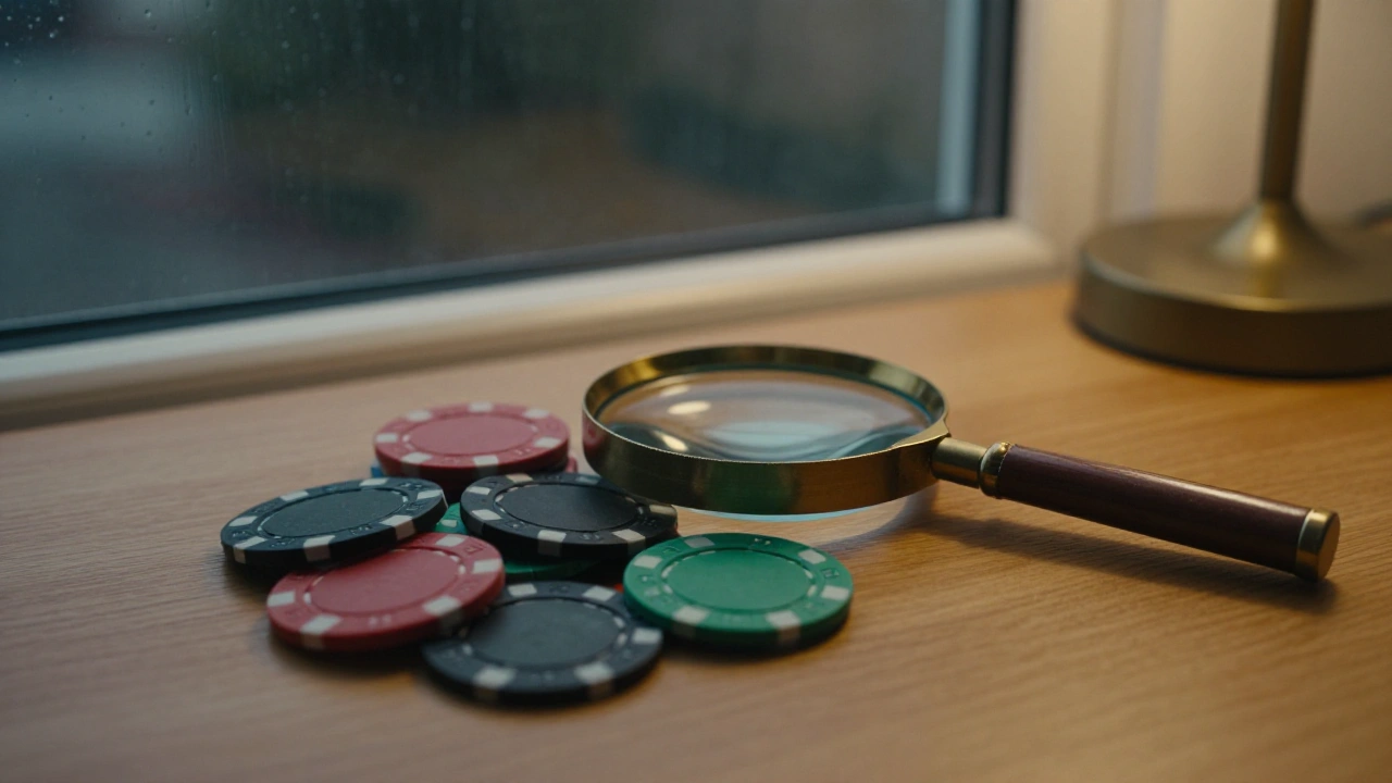 Magnifying glass over plain casino chips on a desk, reviewing a game library at night