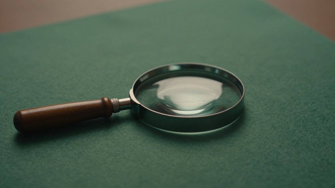 Magnifying glass on plain green felt representing a curated casino games collection