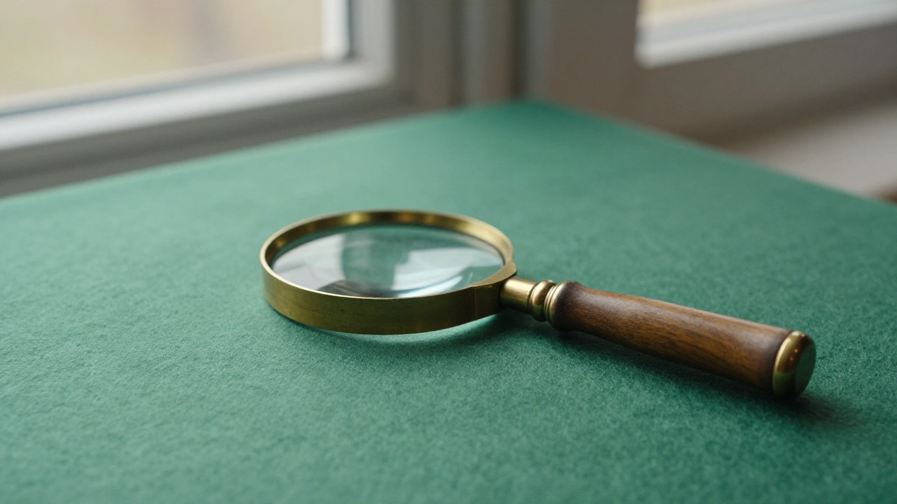 Brass magnifying glass resting on green felt for Manitoba casino ratings comparison