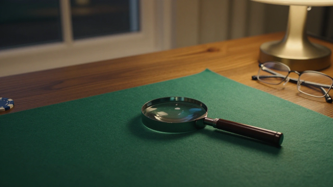 Magnifying glass on green felt beside reading glasses, reviewing how slot games are rated