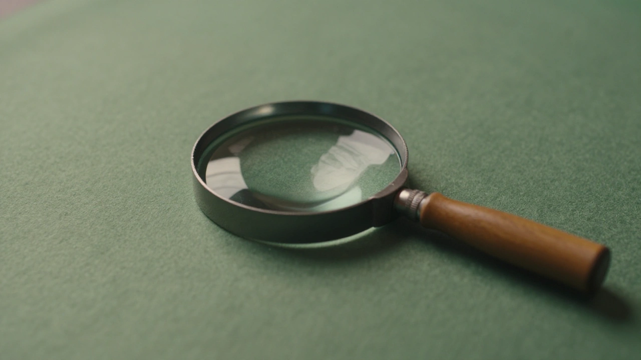 Magnifying glass on green felt for browsing a large online slots library