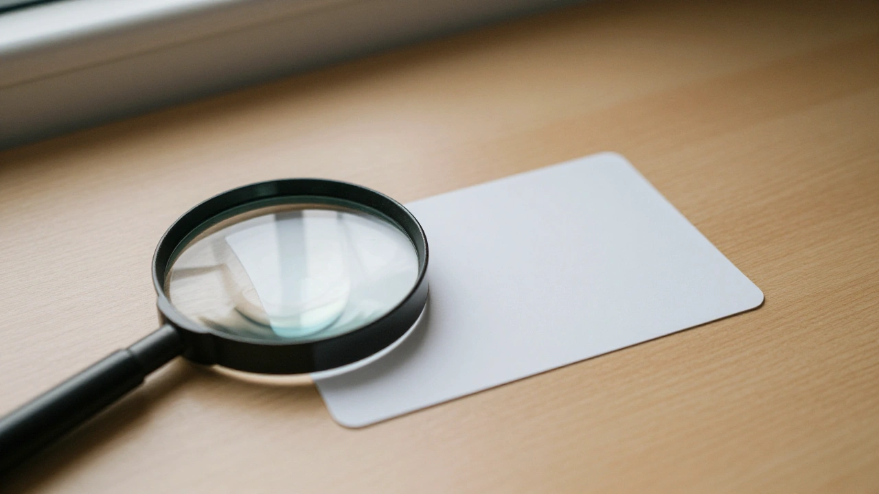 Magnifying glass over a blank white card on a desk for casino withdrawal checks