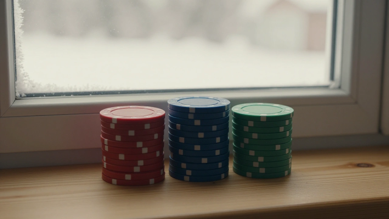 Stacks of plain casino chips on a windowsill representing game variety at Manitoba online sites