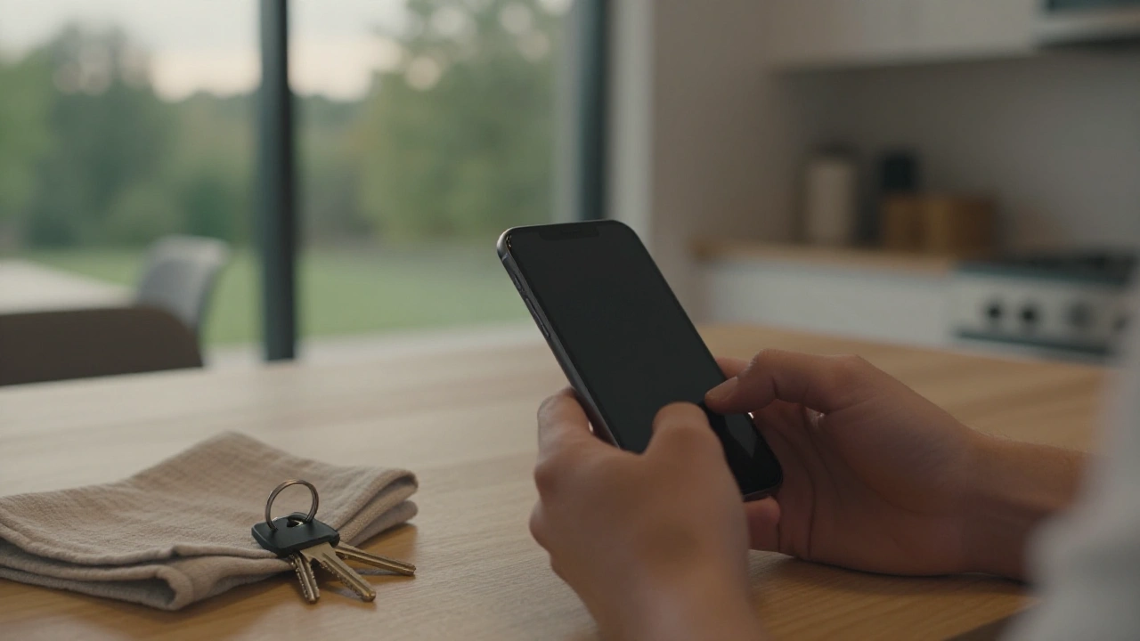 Hands holding a phone at a kitchen counter for mobile casino play in Ontario