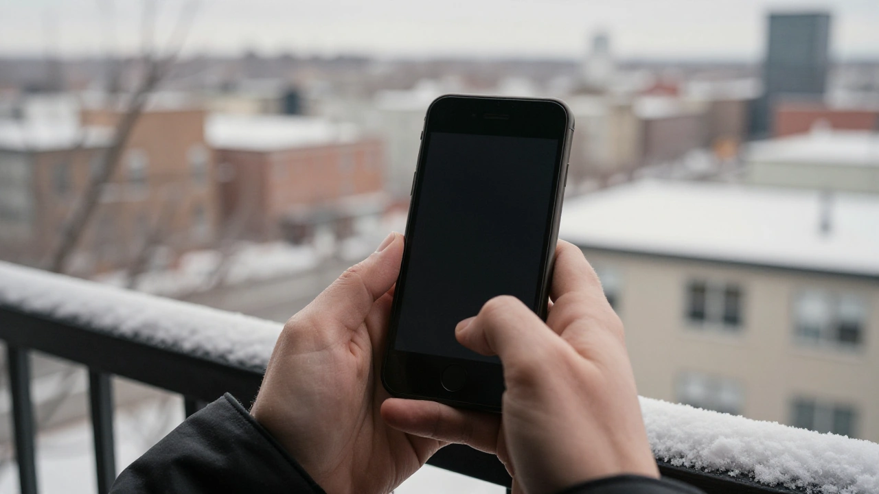 Hands holding a phone on a snowy balcony for mobile casino play