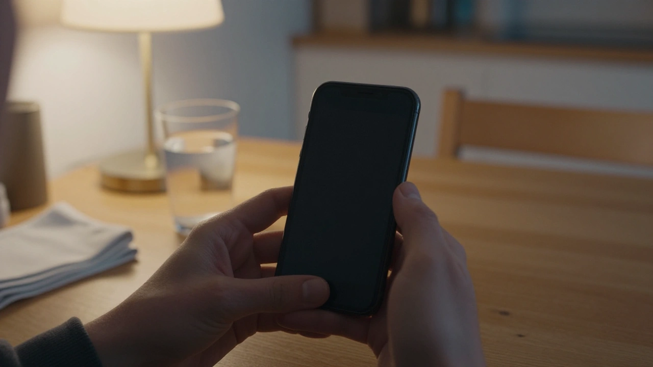Hands holding a phone with a dark screen at a kitchen table for mobile casino play