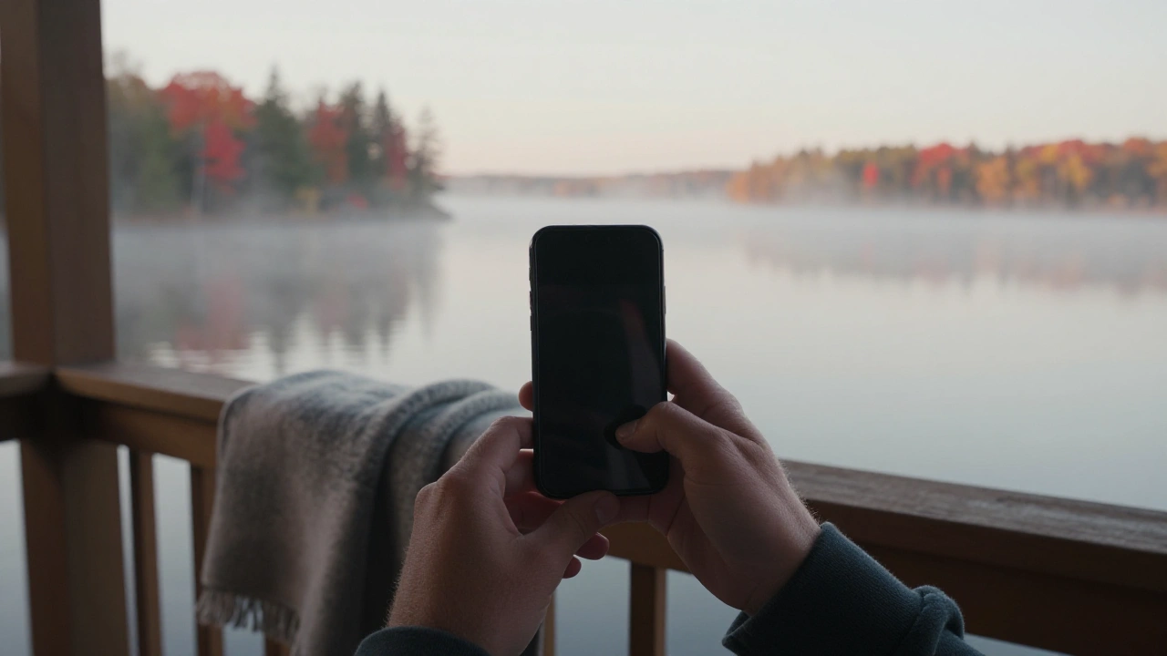 Hands holding a phone on an Ontario cabin porch for mobile casino play