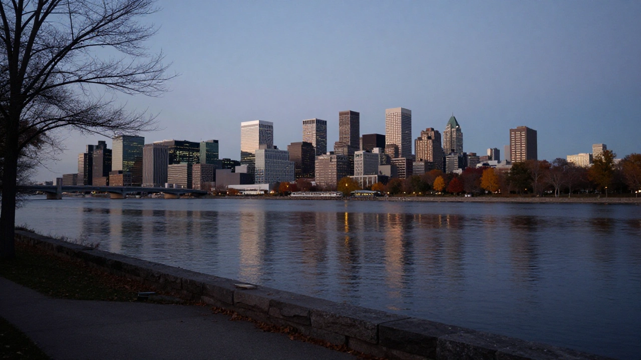 Montreal skyline across the St. Lawrence River at dusk, near Quebec's land-based casino district