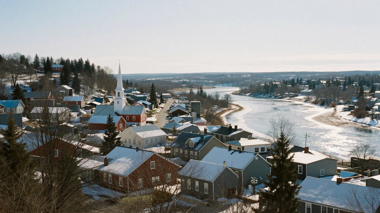 Small New Brunswick town from a hillside in winter, suggesting local land-based venues