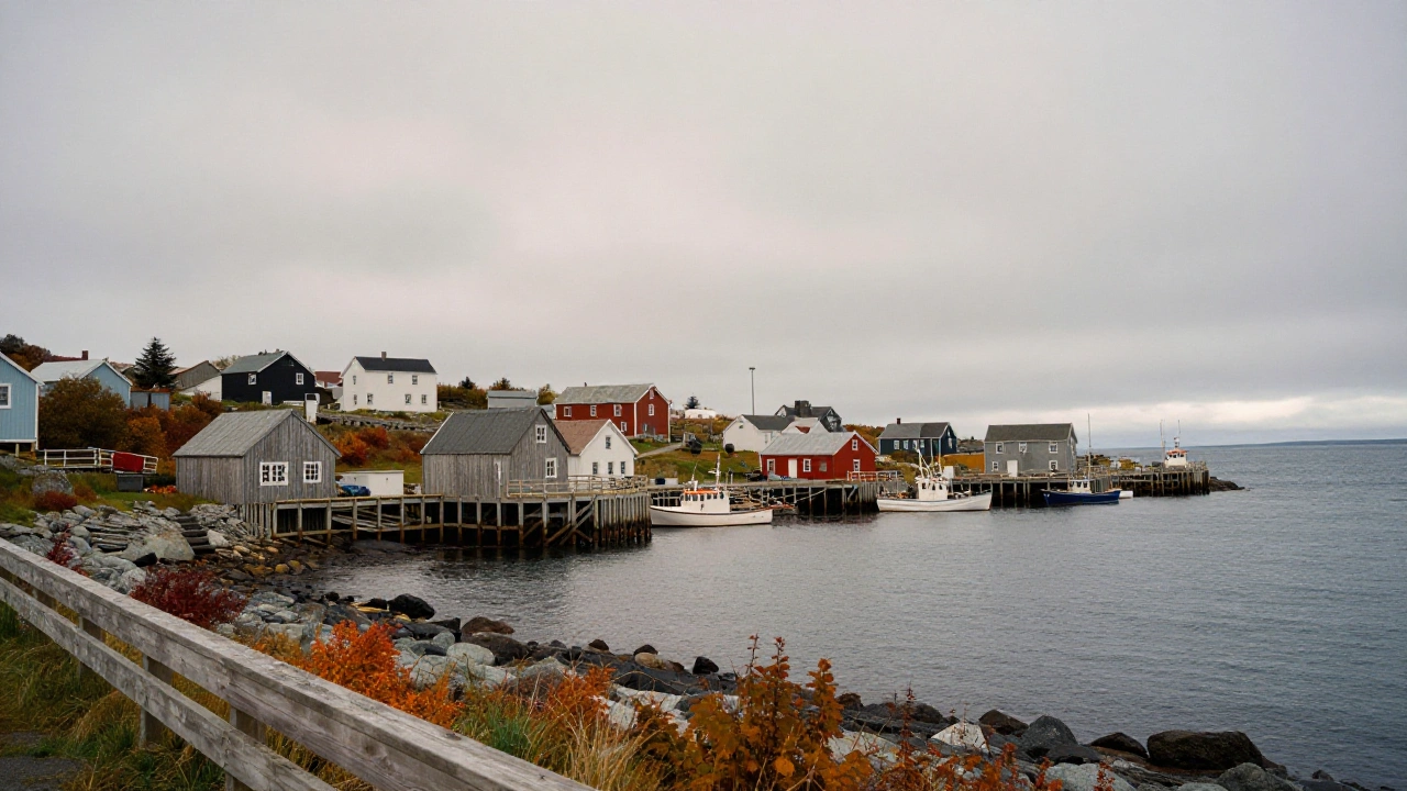 Wooden fishing stages and grey Atlantic water in a Newfoundland and Labrador coastal town