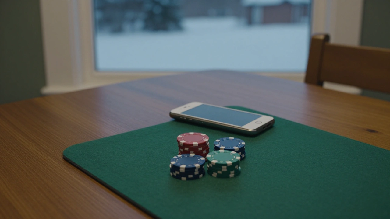 Phone with black screen and casino chips on a table for online video poker