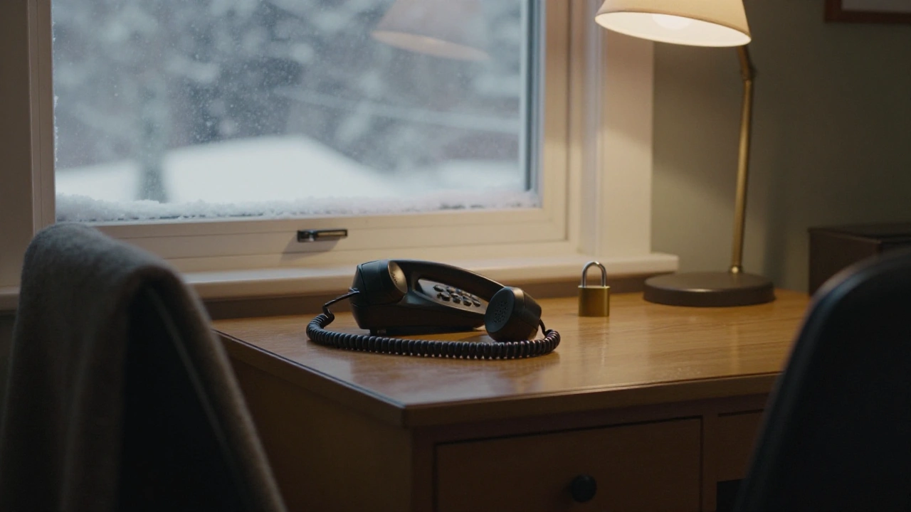 Corded telephone handset on a snowy Ontario desk for casino customer support