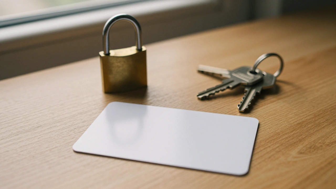 Small padlock on a wooden table beside a blank card, representing casino security and deposit checks