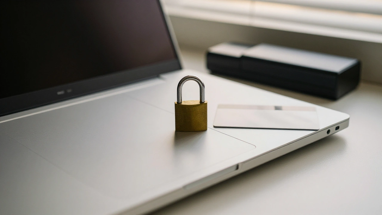 Brass padlock on a laptop beside a blank card, representing secure casino payments