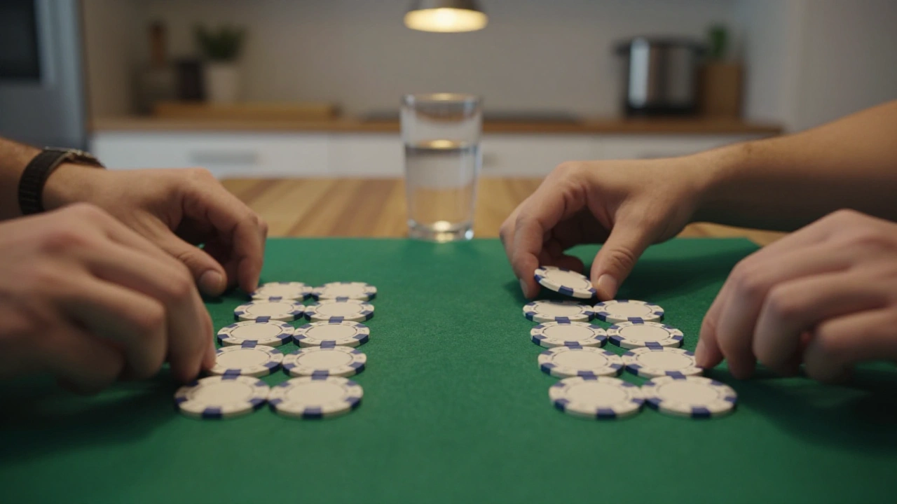 Hands arranging casino chips into two groups on green felt to practise pai gow strategy