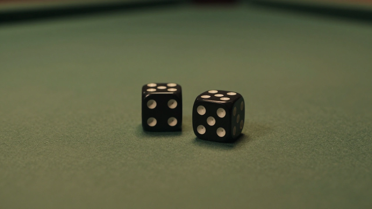 A pair of dice on green felt representing table games at an online casino