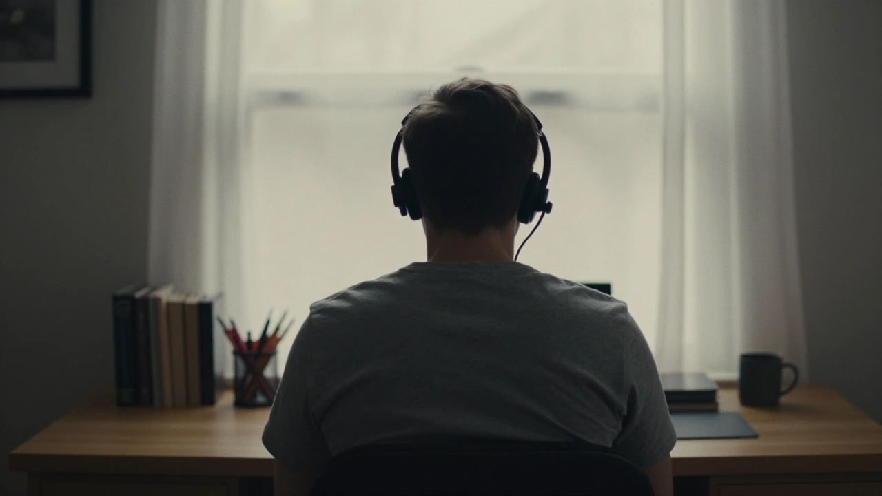 Person wearing a headset at a desk in a home office for casino support